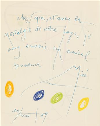JOAN MIRÓ. Illustrated Autograph Note Signed, Miró, to MoMA Director of Exhibitions and Publications Monroe Wheeler, i...